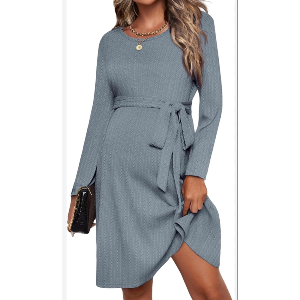 NEW Blue Round Neck Long Sleeve Ribbed Knit Belted Dress S